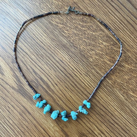 Vintage Navajo Handmade Turquoise Chunk & Brown Heishi Shell Beads necklace - Picture 9 of 12